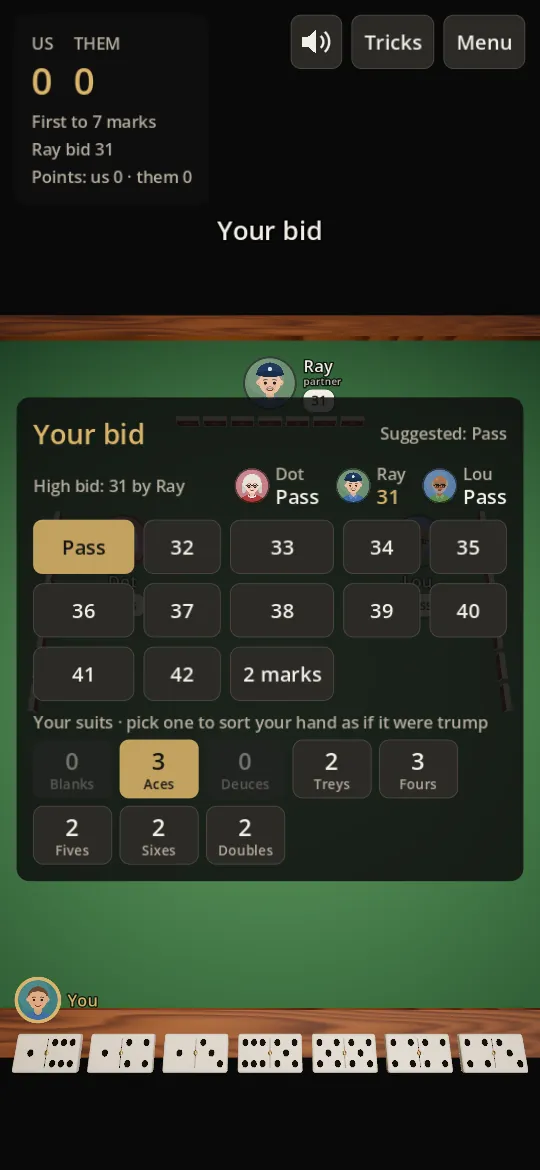 Bidding on a phone held upright: the bids so far, every bid you can make, and how many of each suit you hold